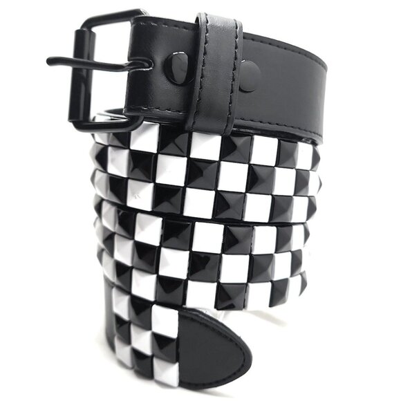 🆕BLACK & WHITE CHECKERED PYRAMID STUDDED LEATHER BELT - MEN - XXL (46-48) - Picture 1 of 1
